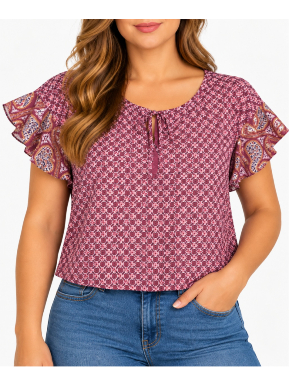 Women's Lucky Brand Maroon White Patterned Short Sleeve Tee Size M
